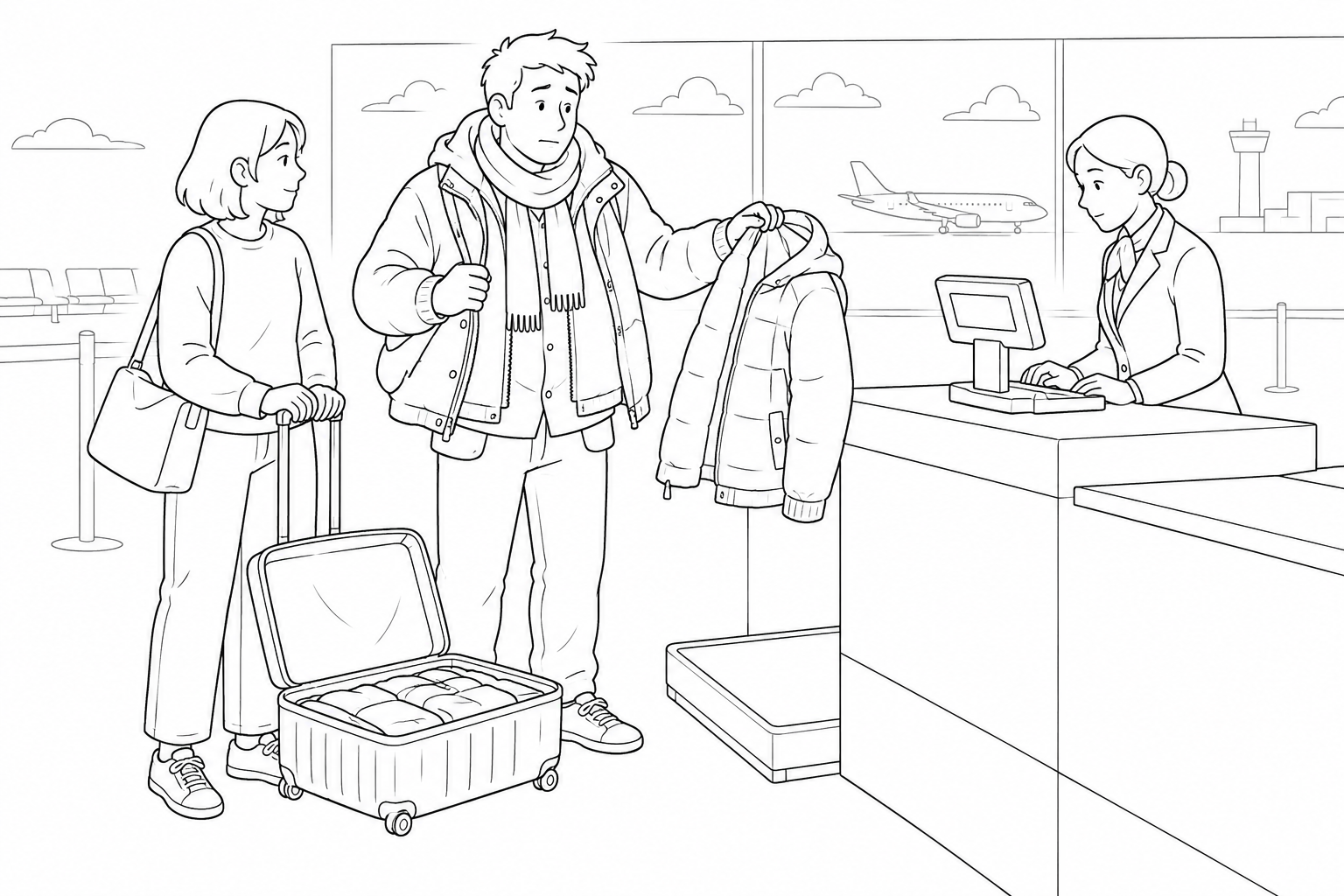 A traveler puts on a jacket from a suitcase at airport check-in