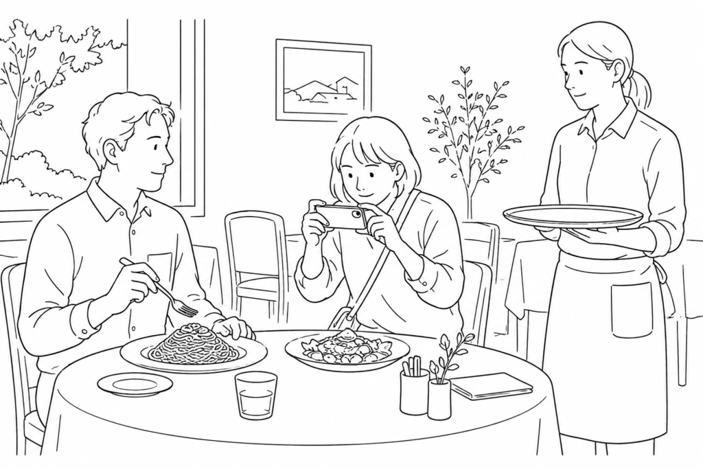One diner photographs the food while another waits with a raised fork