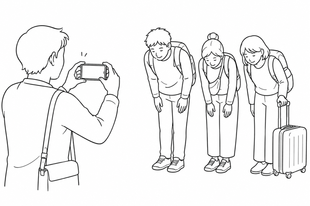 Three travelers bow while another person is still taking their photograph.