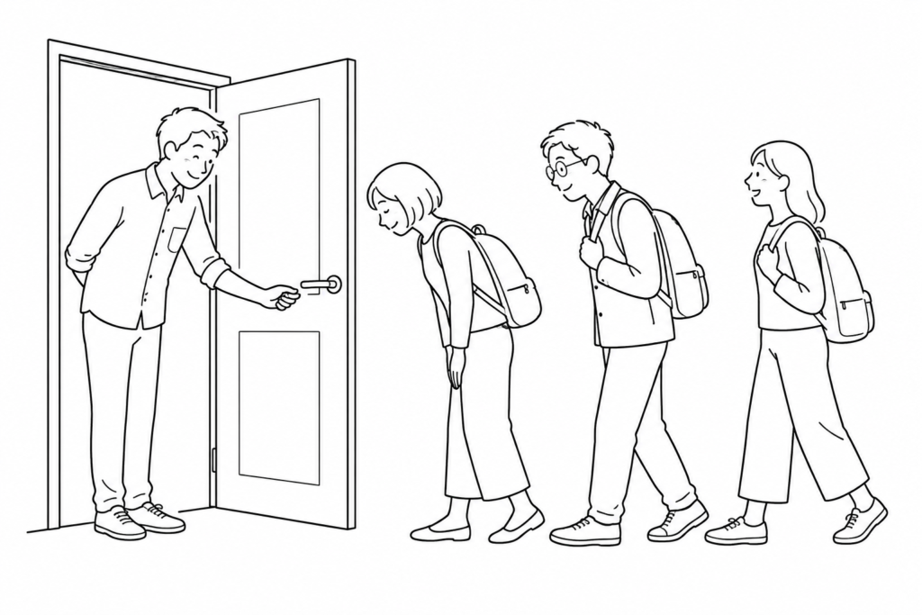 Des voyageurs saluent à tour de rôle une personne qui leur tient la porte.