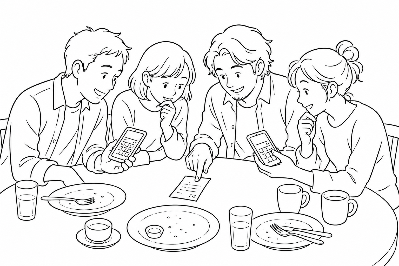 Four travelers gather around a bill and calculate the tip on their phones.