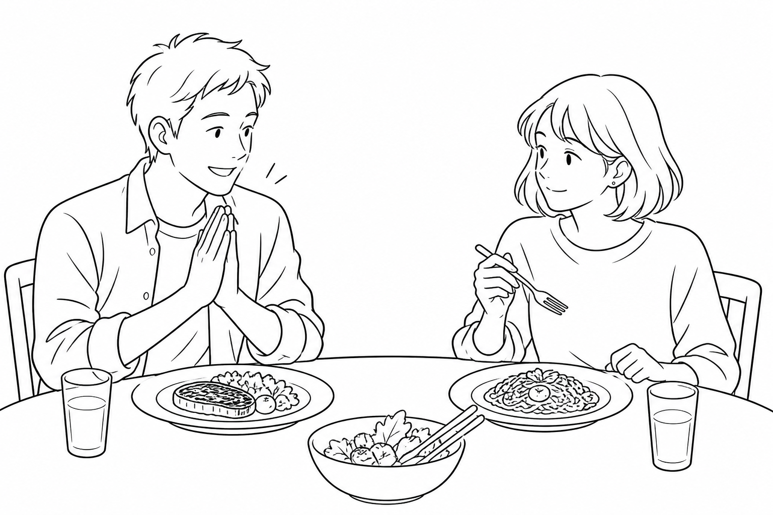 두 손을 모으는 사람과 포크를 들고 기다리는 친구