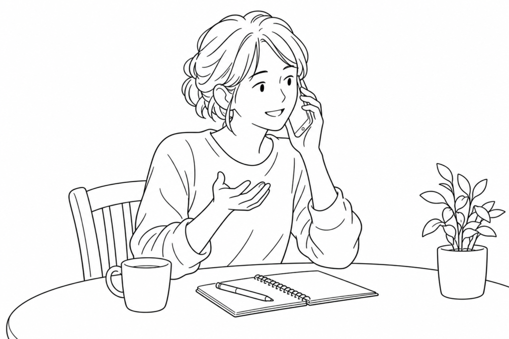 A person listens patiently on the phone at home