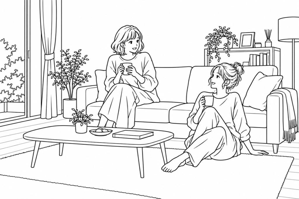 A guest sits on a sofa while the host sits on the floor against it