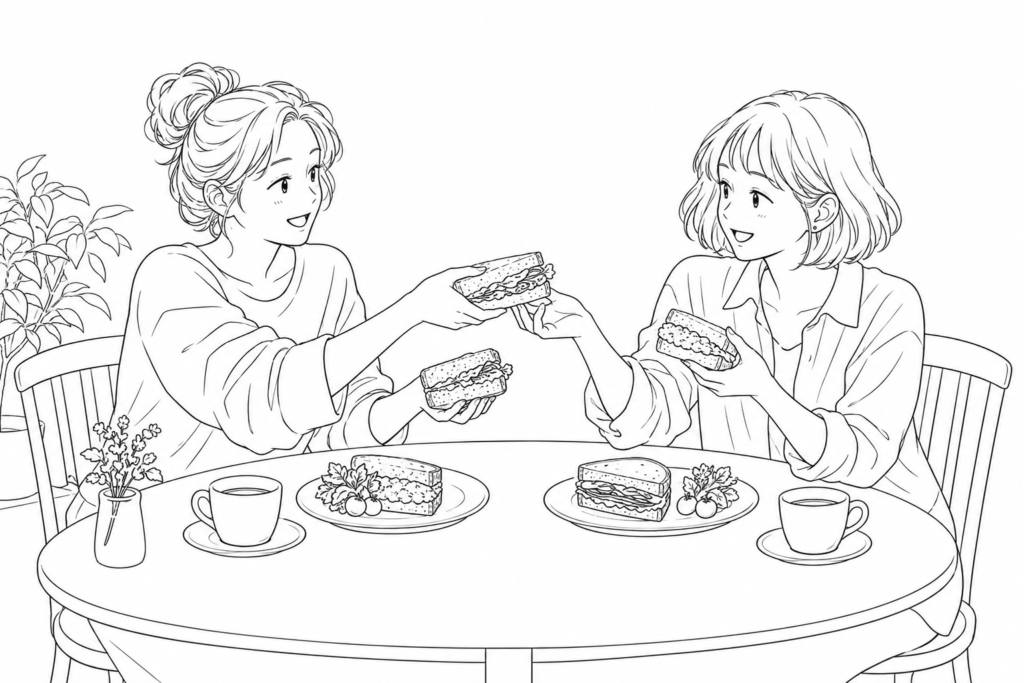Two friends share halves of sandwiches with different fillings