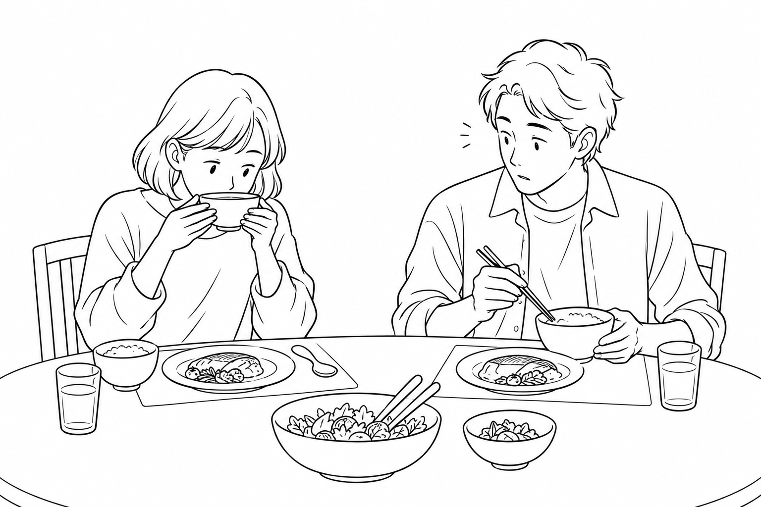A guest lifts a soup bowl while the host notices an unused spoon