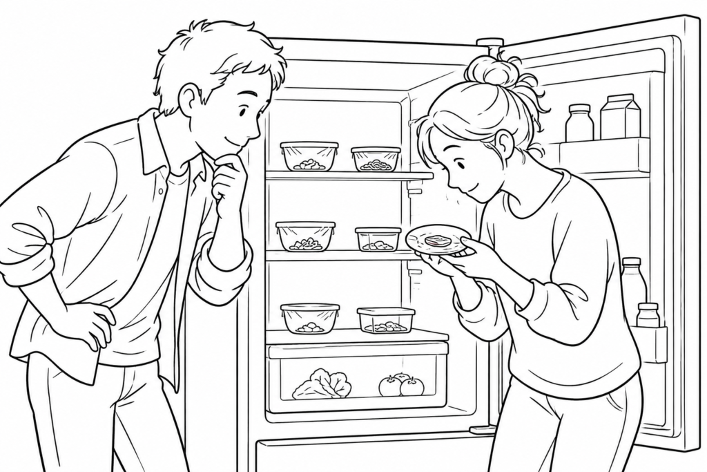 Roommates inspect small wrapped portions in an open refrigerator