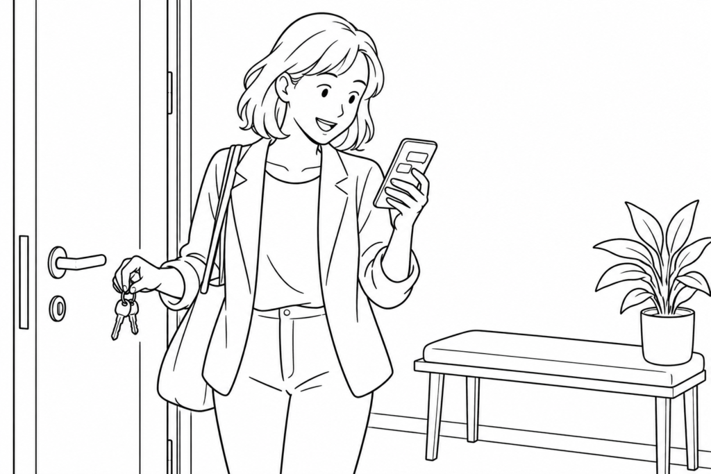 A person with keys and a bag reads a message after arriving home