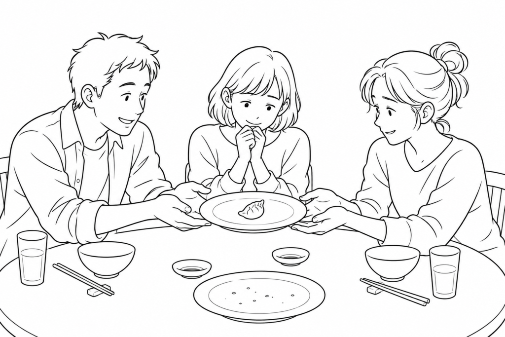Amigos ofreciéndose un plato con una sola empanadilla