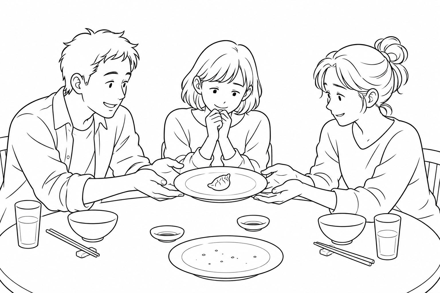 Friends offering each other a plate with one dumpling left
