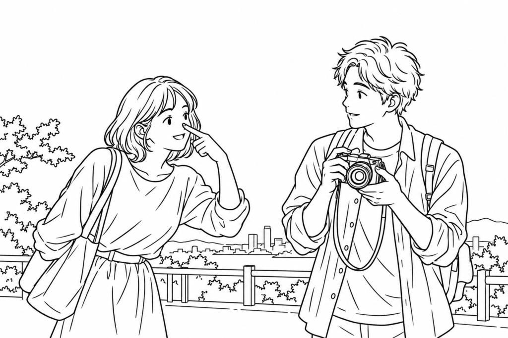A person points near their own nose while a friend holds a camera