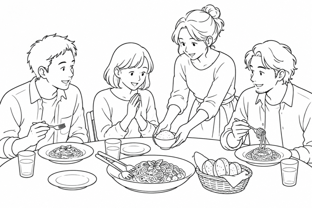 Un anfitrión añade arroz a una mesa con pan y pasta