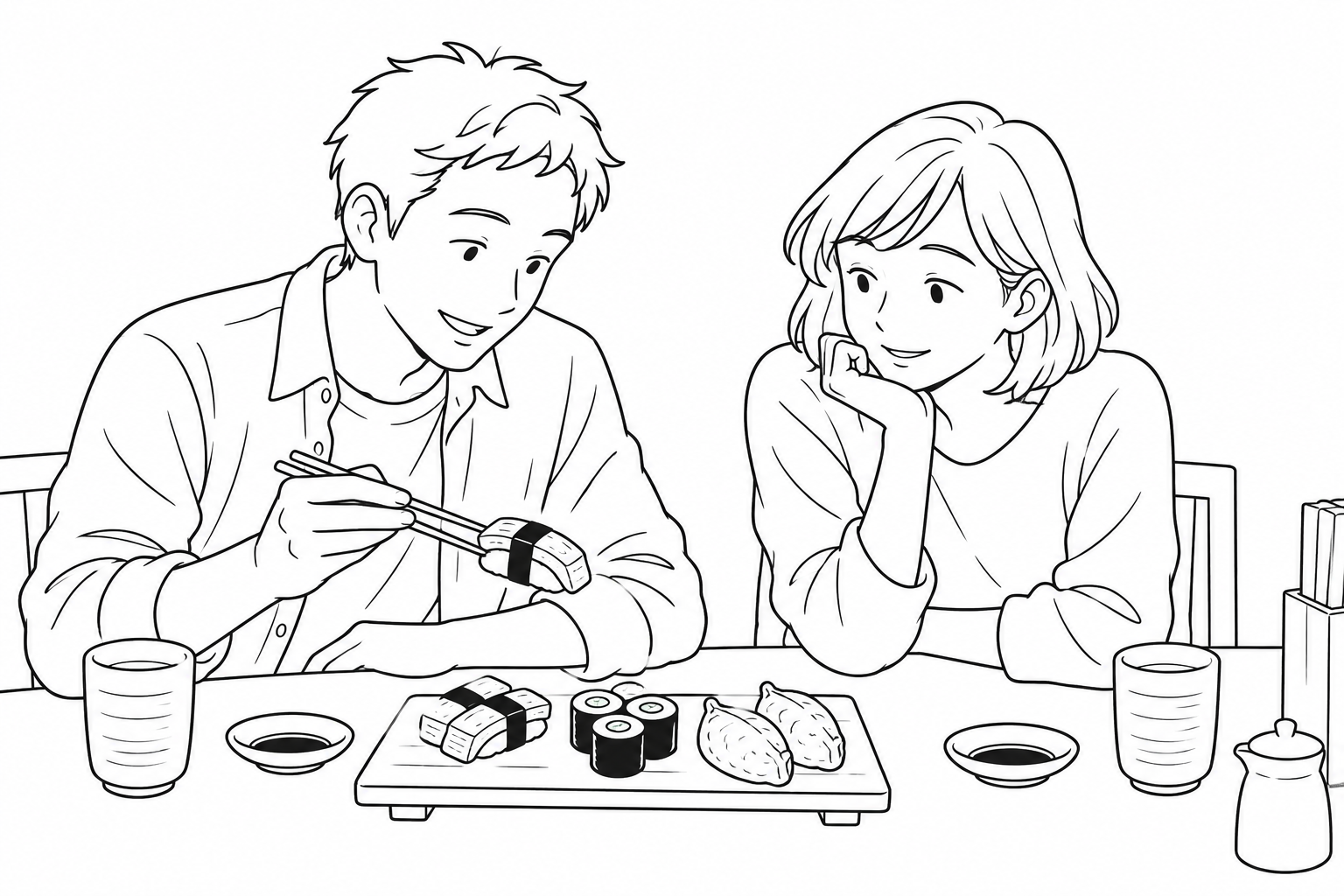 Dos amigos ante un plato de sushi sin pescado crudo