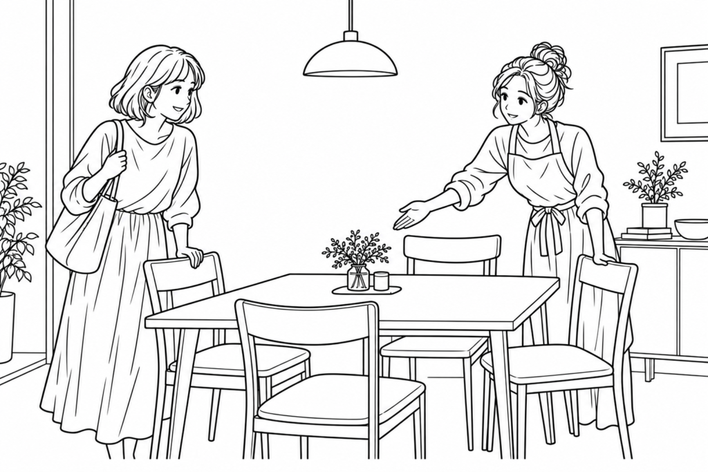 A host directs a guest toward another chair at the dining table