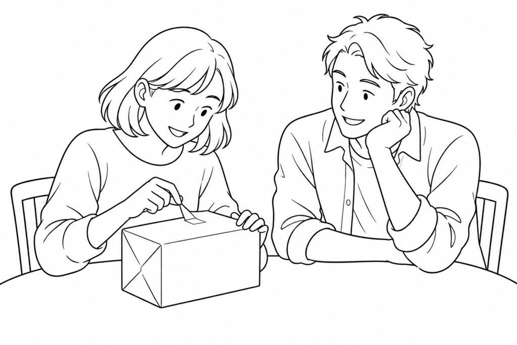 A recipient carefully peels tape from wrapping paper while a friend watches