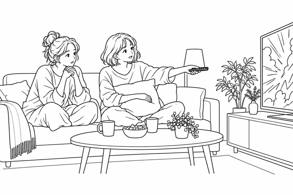 Roommates watch television while one adjusts the volume with a remote