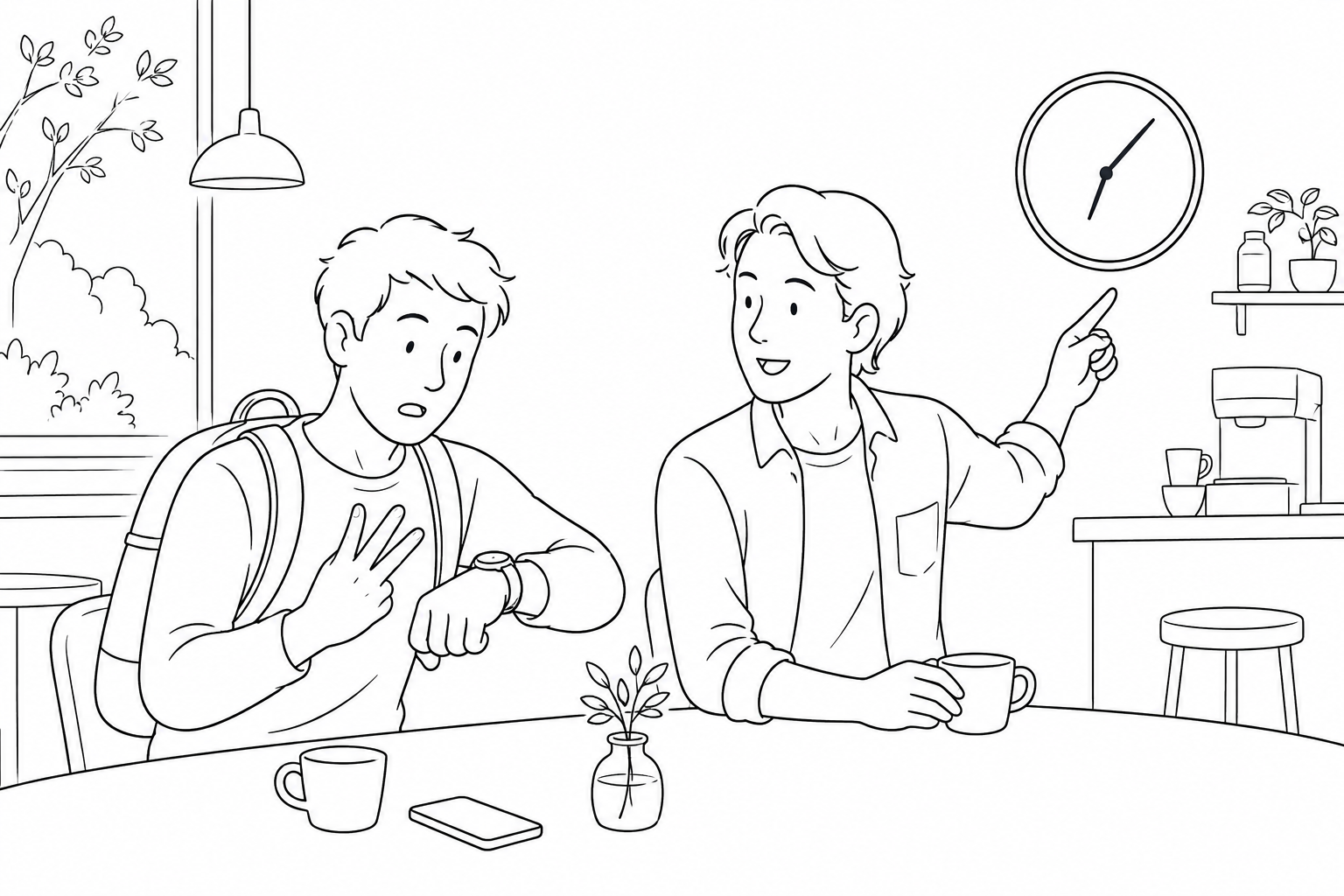 A traveler counts time differences on their fingers beside a friend