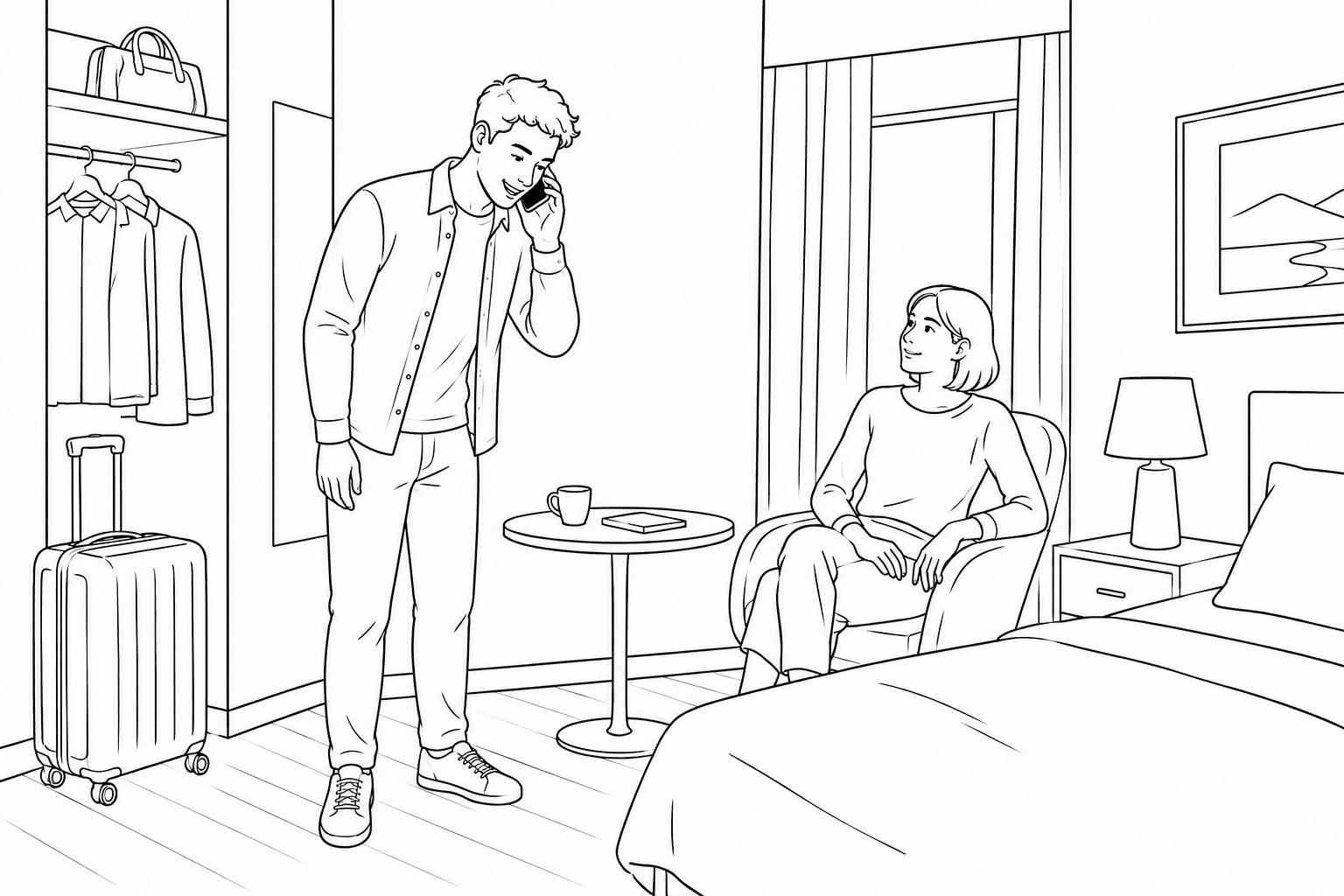 Un viajero inclina la cabeza al hablar por teléfono mientras un amigo observa.