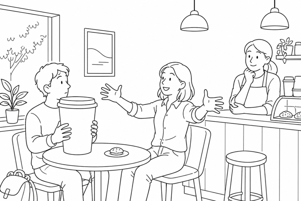 A traveler holds a large cup while a friend gestures an even bigger size.