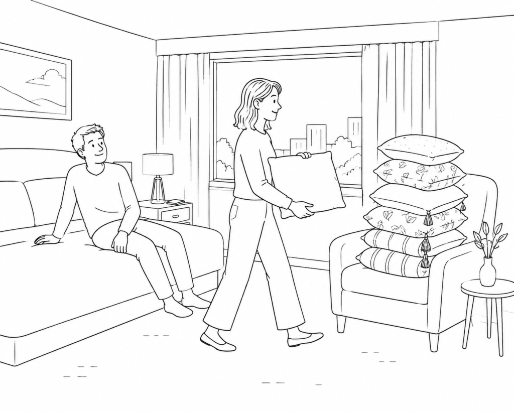 A traveler moves cushions from the hotel bed to a chair while a friend watches.