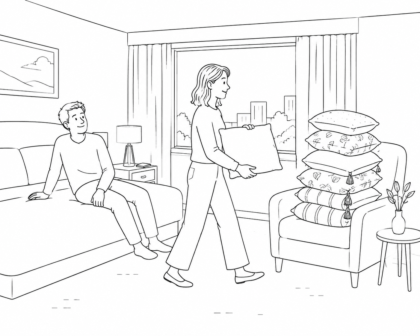 Un voyageur déplace les coussins du lit vers une chaise devant un ami.