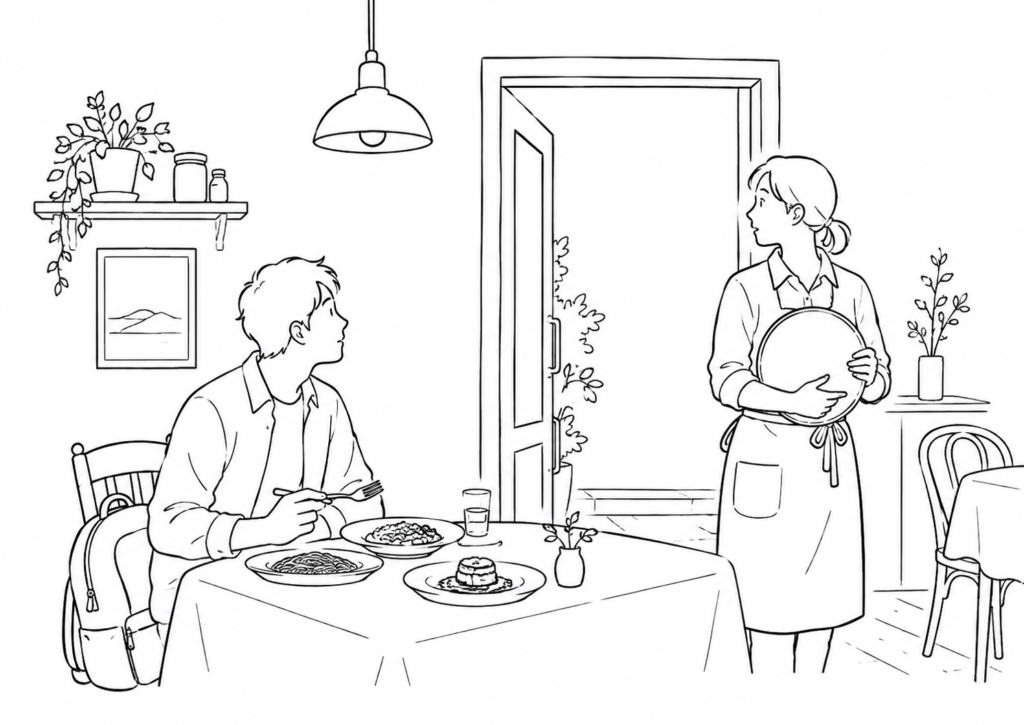 Un voyageur seul devant trois plats et un serveur qui regarde l’entrée.