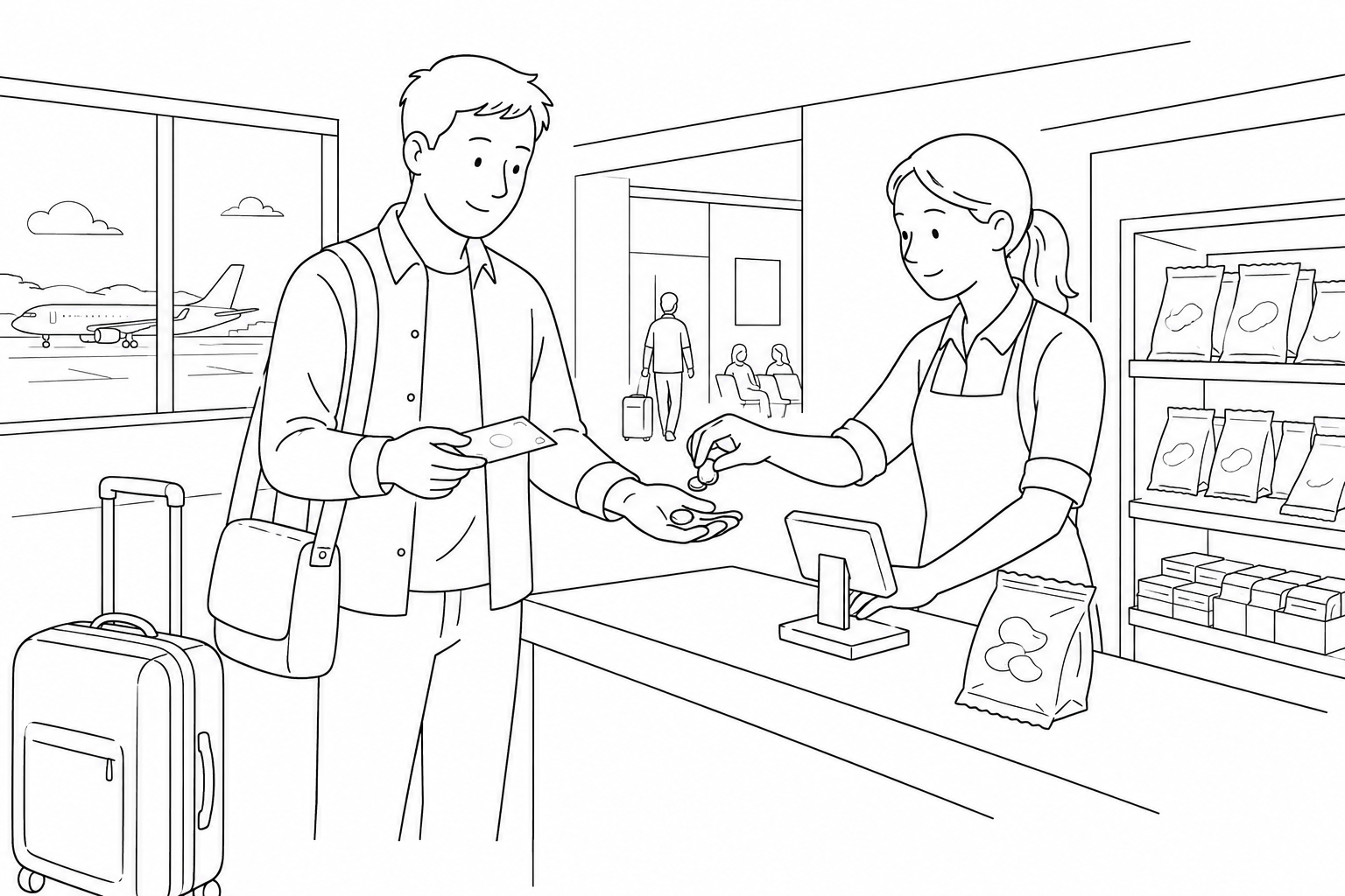 A traveler receives coins as change at an airport shop