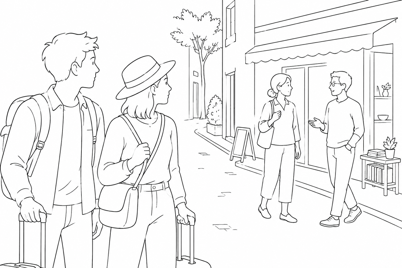 Travelers turn toward a conversation between passing strangers