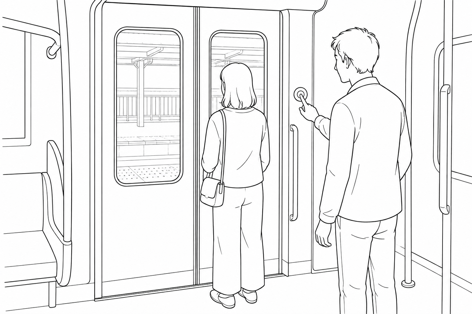 Un viajero espera ante la puerta del tren mientras otro pasajero pulsa el botón de apertura desde un lado.
