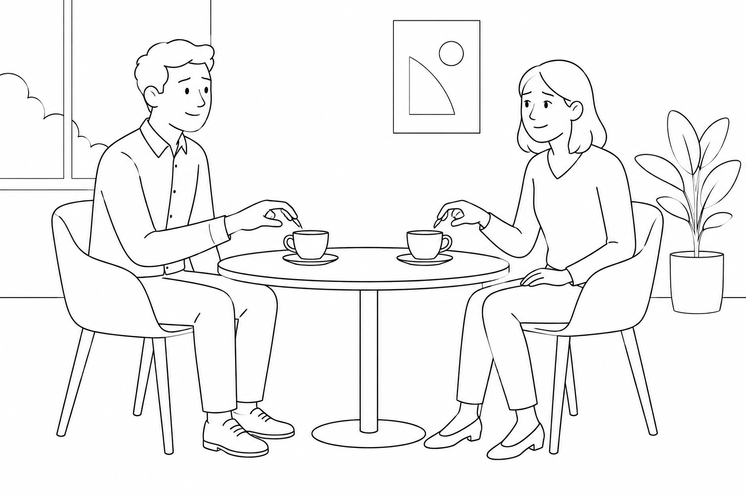 Dos colegas detienen las manos cerca de sus tazas y se miran.