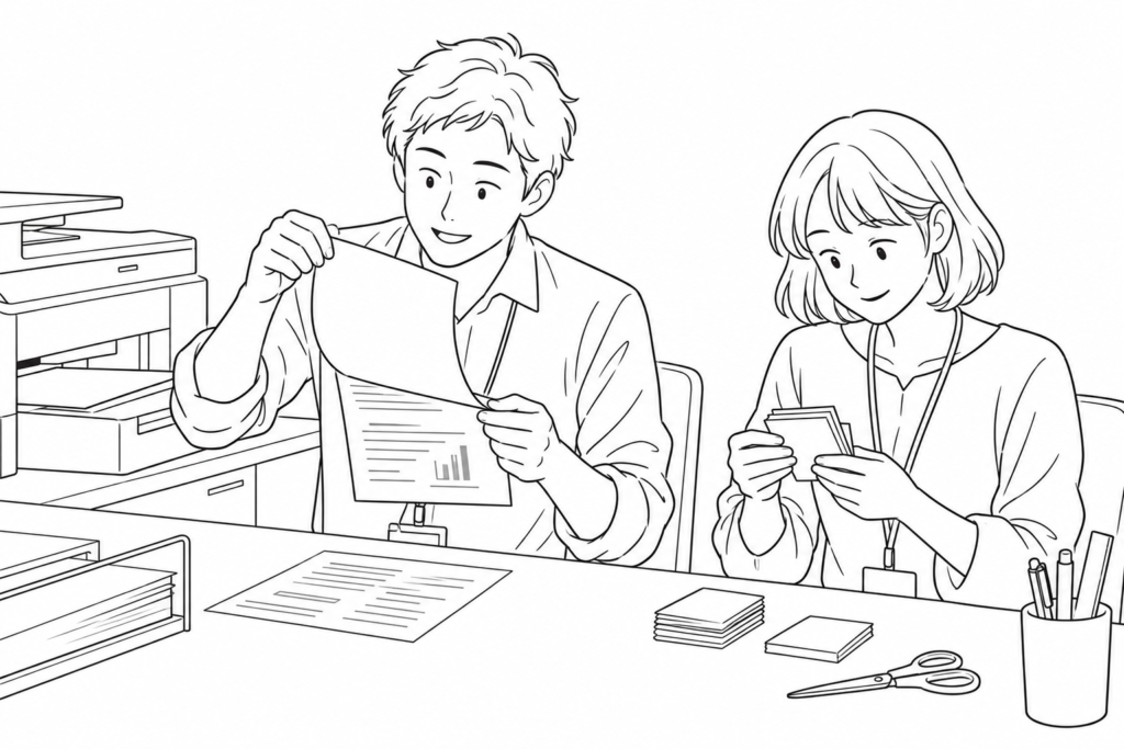 Coworkers examine the blank back of a printed sheet beside cut memo paper